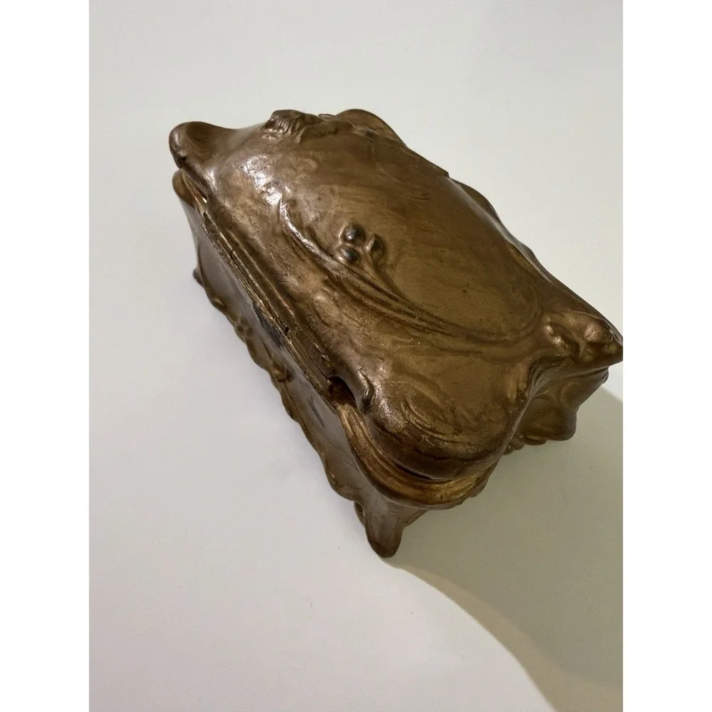 Metal Art Nouveau Angel Cherub Jewelry Casket Trinket box Gold Tone 5